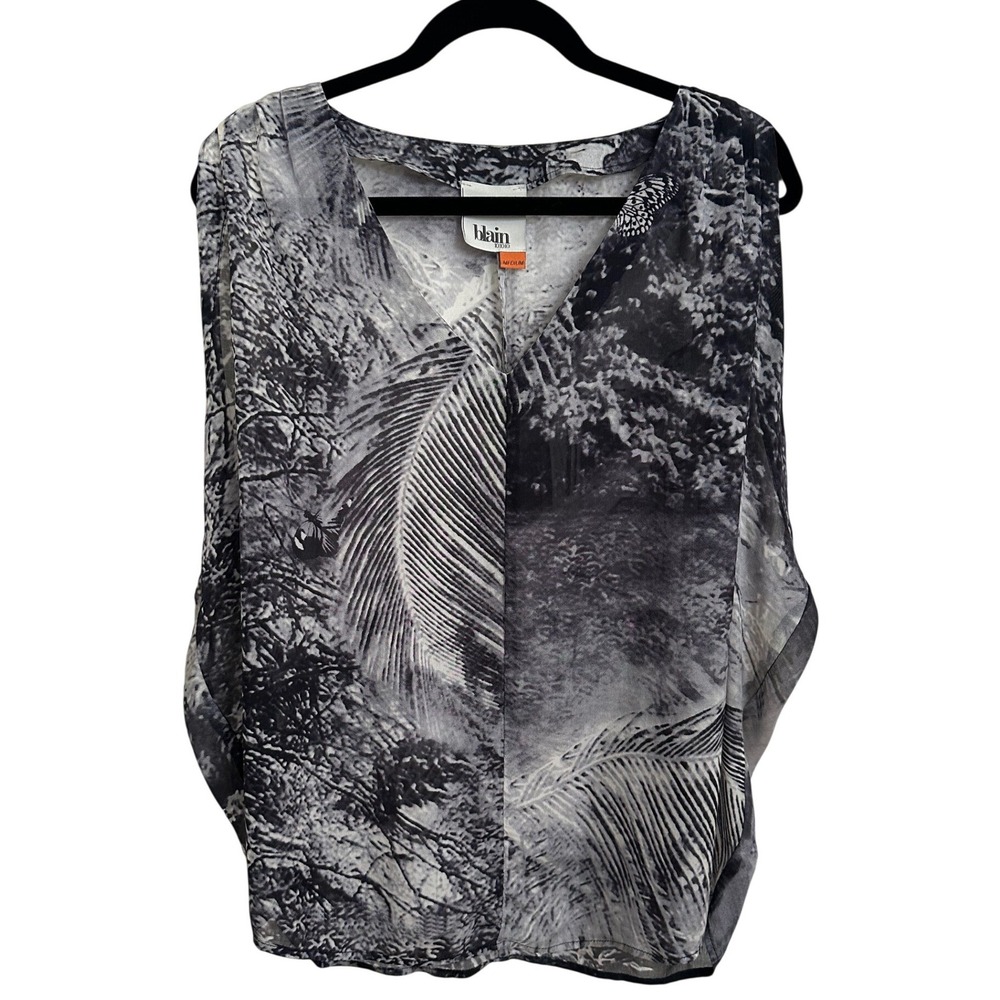 Blain 10010 Silk Chiffon Black White Graphic Palm Butterfly Tank Top M